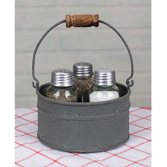 NEW! Farmhouse Galvanized Gray Metal Bucket Mason Salt Pepper Toothpick Holders - Picture 2 of 2